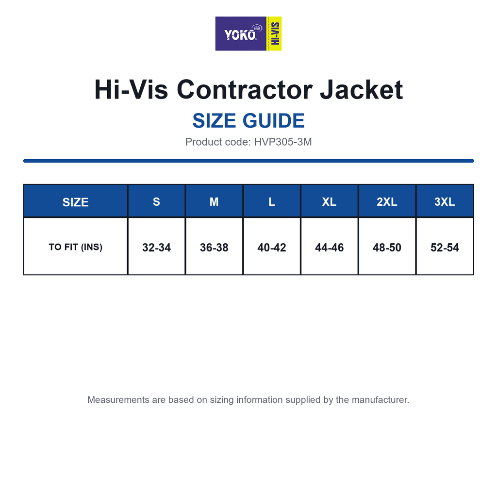 HVP305-3M Yoko Hi-Vis Contractor Jacket size guide (HVP305-3M)