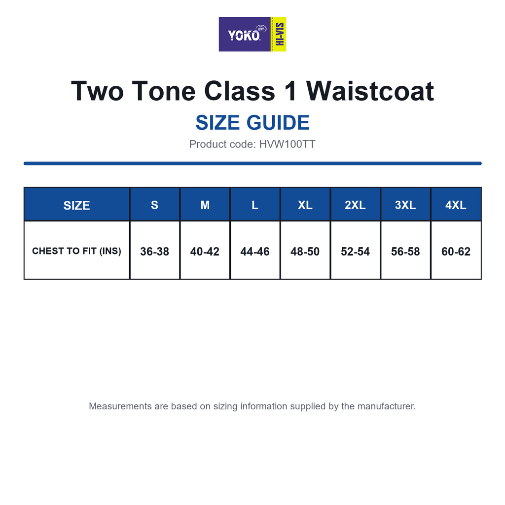 HVW100TT Yoko Two Tone Class 1 Waistcoat size guide (HVW100TT)