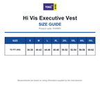 HVW801 Yoko Hi Vis Executive Vest size guide (HVW801)