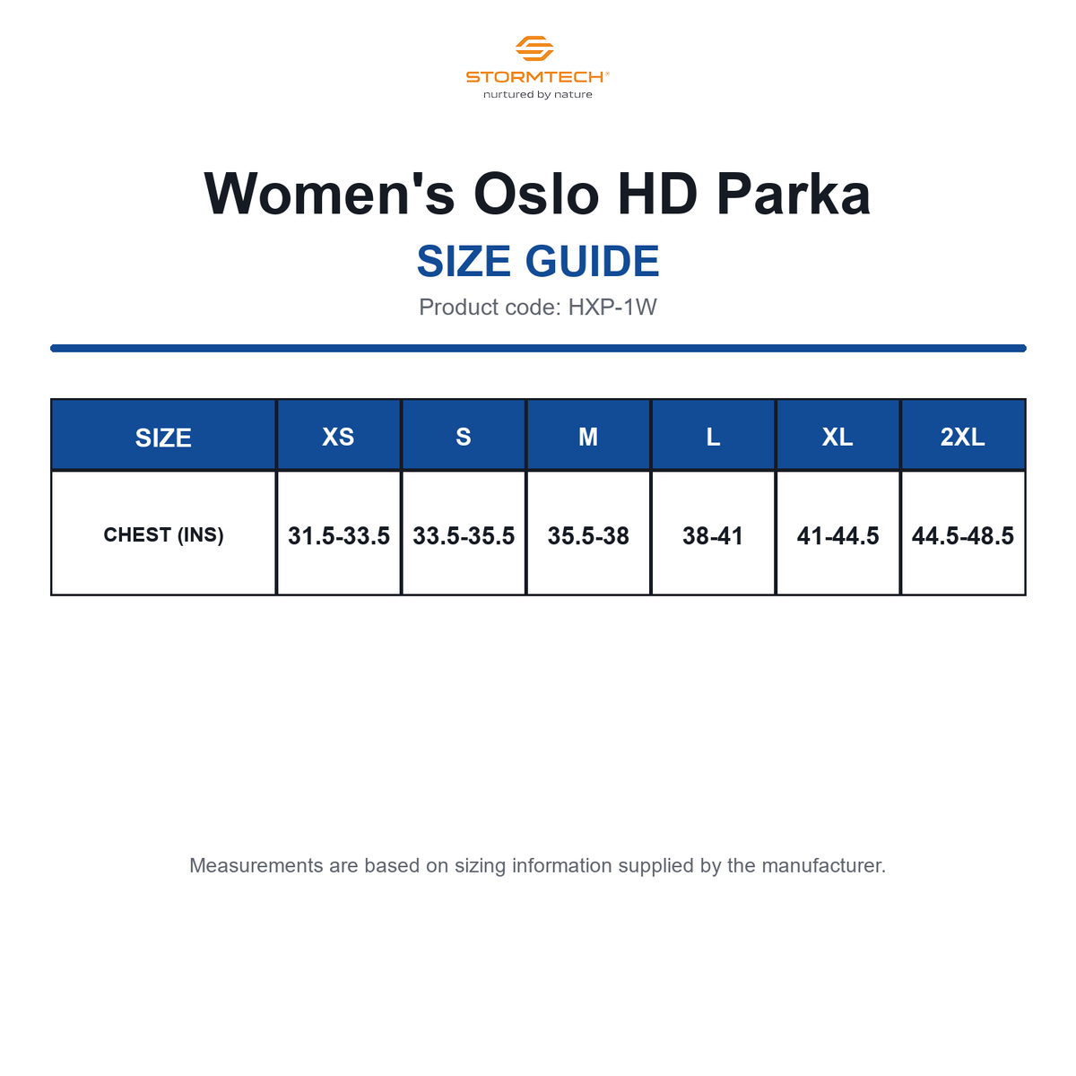 HXP-1W Stormtech Women's Oslo HD Parka size guide (HXP-1W)