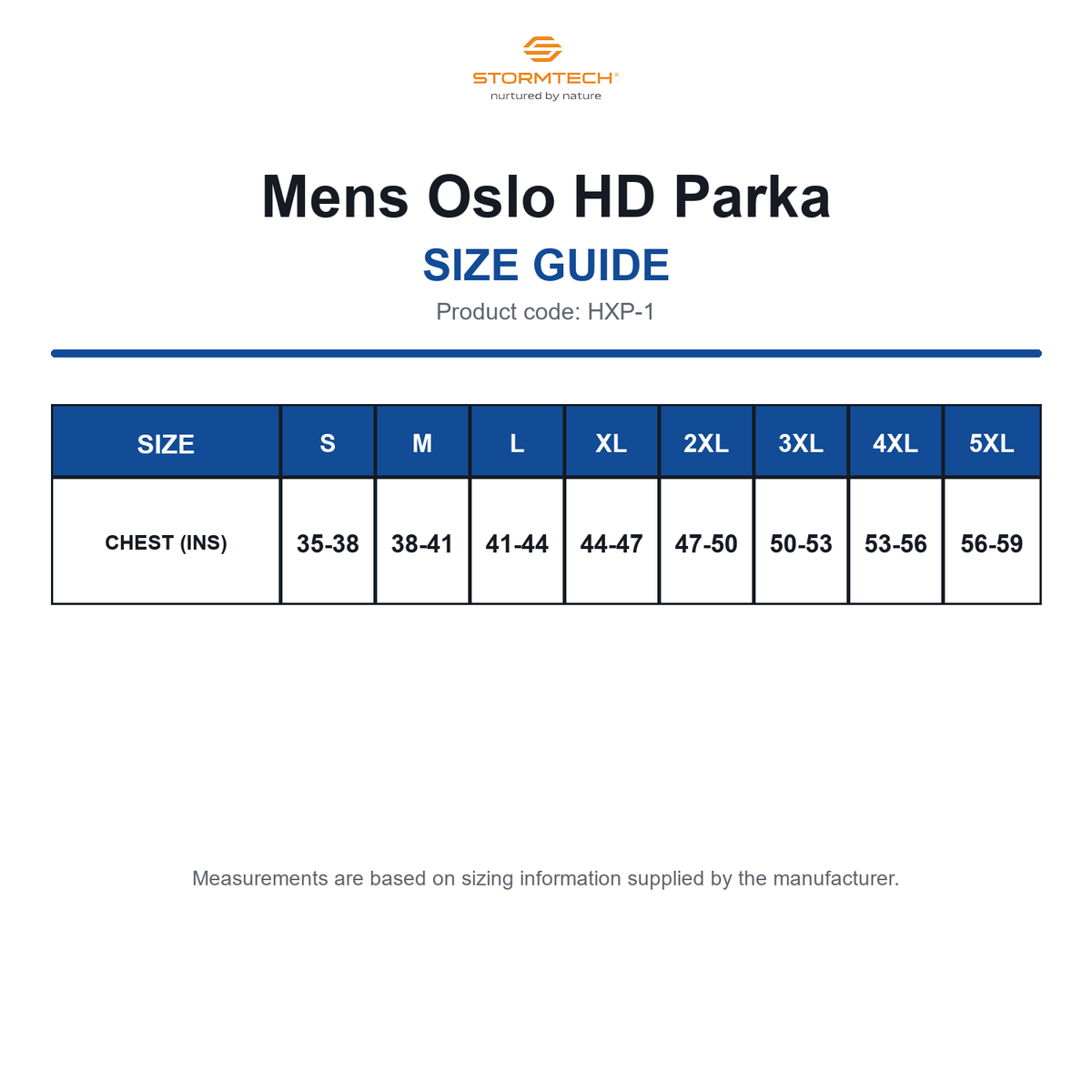 HXP-1 Stormtech Mens Oslo HD Parka size guide (HXP-1)