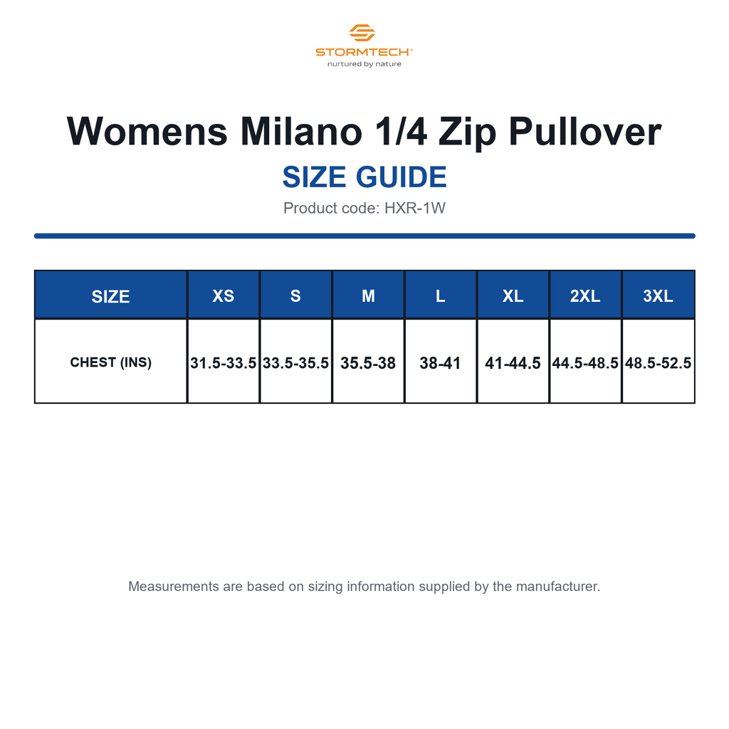 HXR-1W Stormtech Womens Milano 1/4 Zip Pullover size guide (HXR-1W)