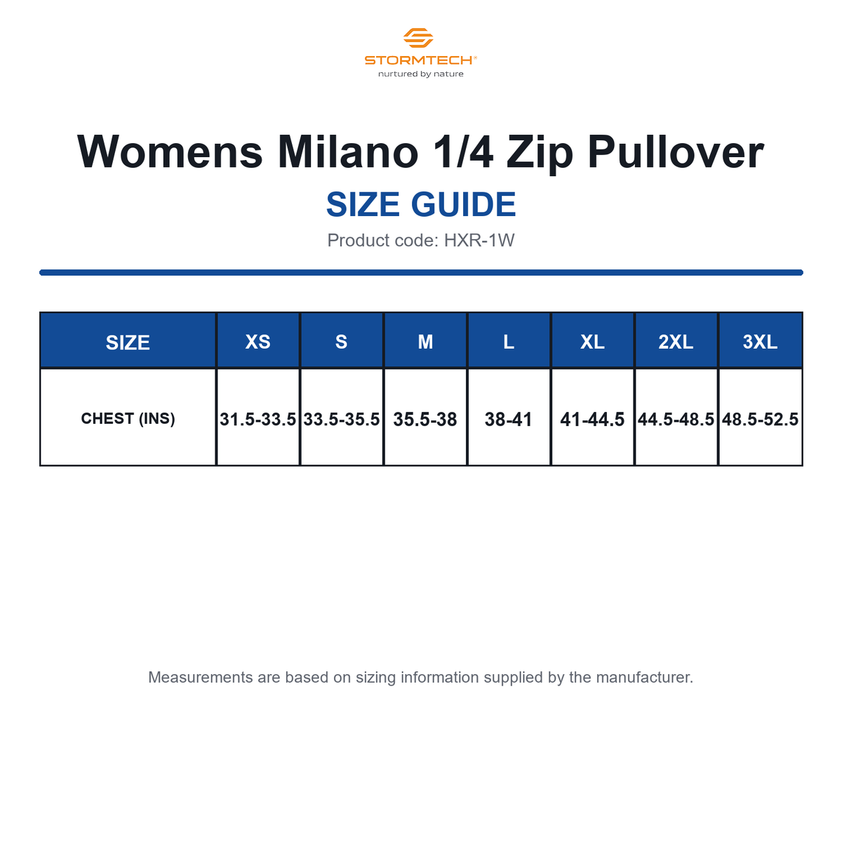 HXR-1W Stormtech Womens Milano 1/4 Zip Pullover size guide (HXR-1W)