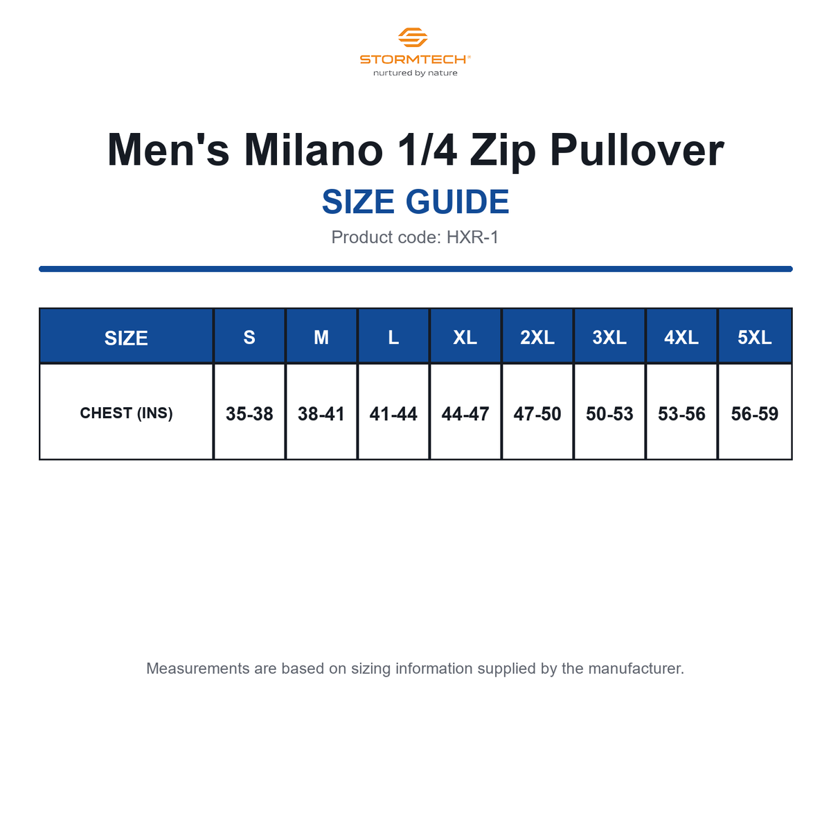 HXR-1 Stormtech Men's Milano 1/4 Zip Pullover size guide (HXR-1)