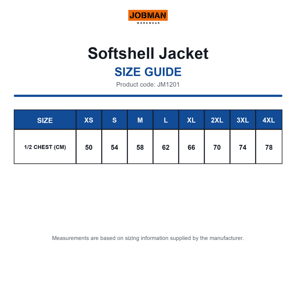 JM1201 Jobman Softshell Jacket size guide (JM1201)