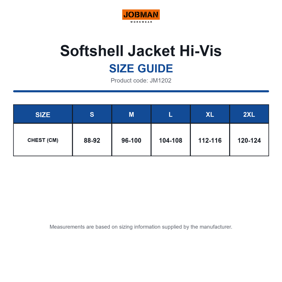 JM1202 Jobman Softshell Jacket Hi-Vis size guide (JM1202)