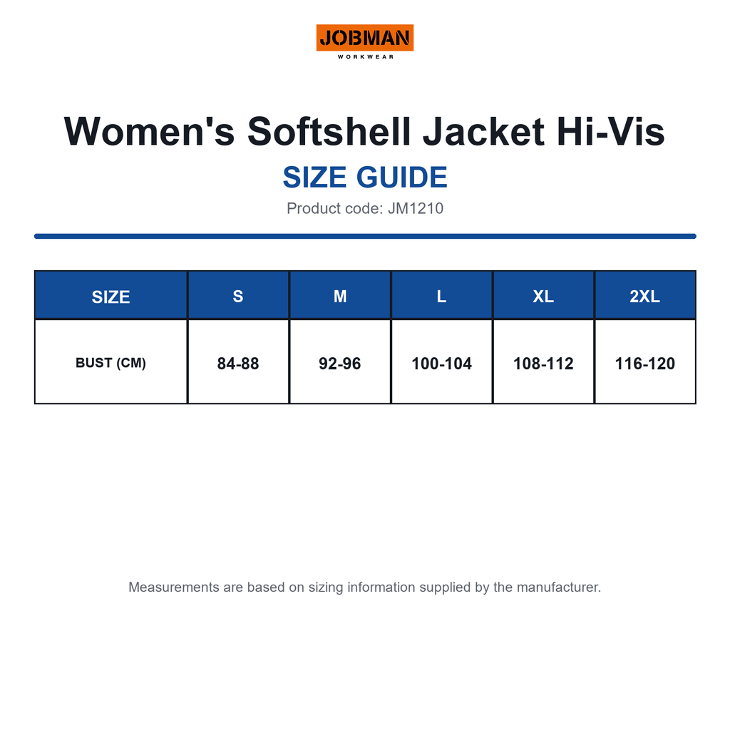 JM1210 Jobman Women's Softshell Jacket Hi-Vis size guide (JM1210)