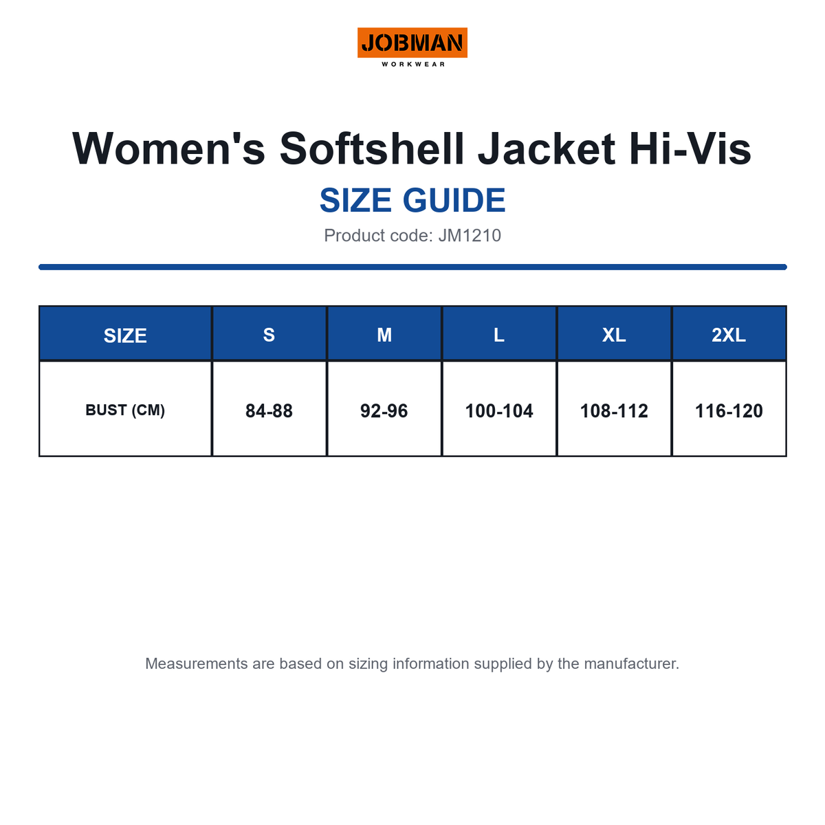 JM1210 Jobman Women's Softshell Jacket Hi-Vis size guide (JM1210)