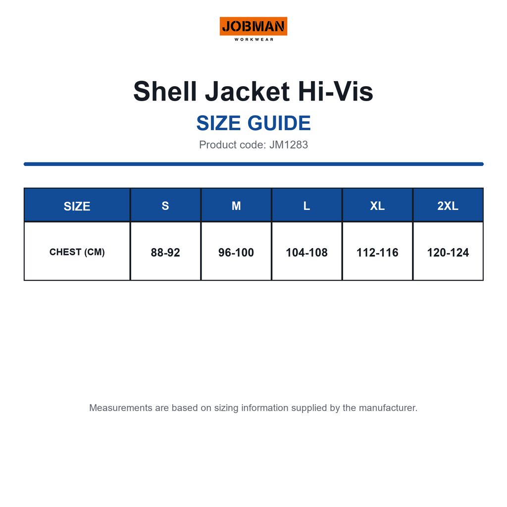 JM1283 Jobman Shell Jacket Hi-Vis size guide (JM1283)