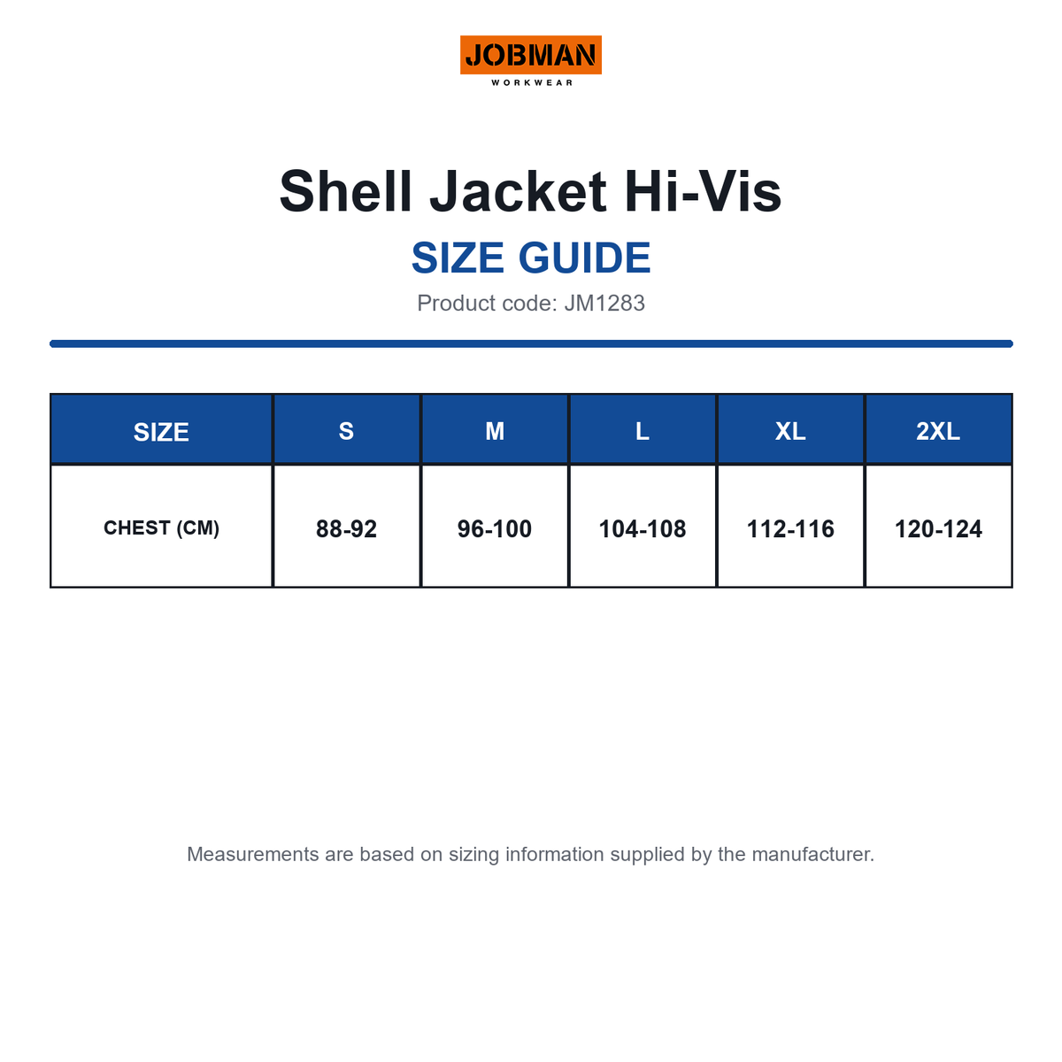 JM1283 Jobman Shell Jacket Hi-Vis size guide (JM1283)