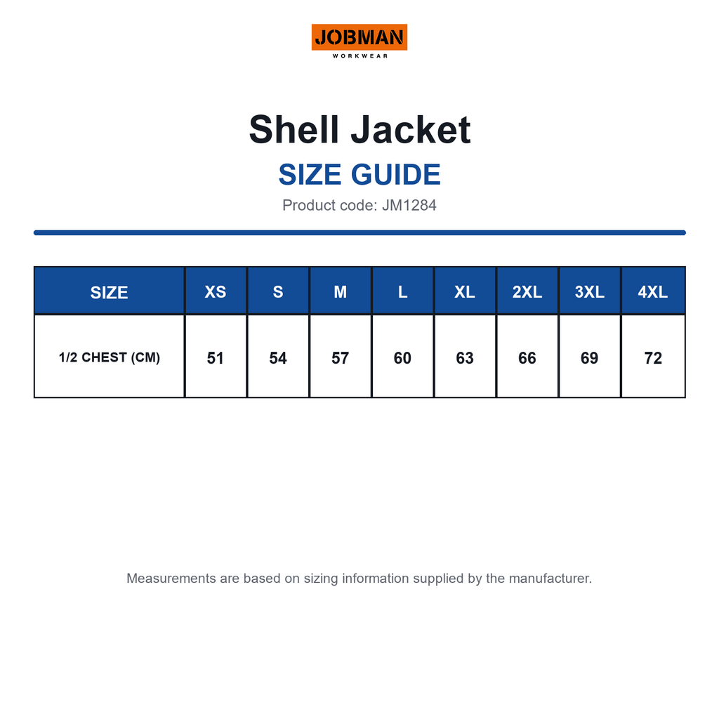 JM1284 Jobman Shell Jacket size guide (JM1284)
