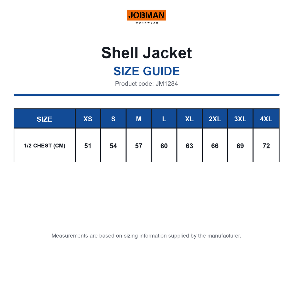 JM1284 Jobman Shell Jacket size guide (JM1284)