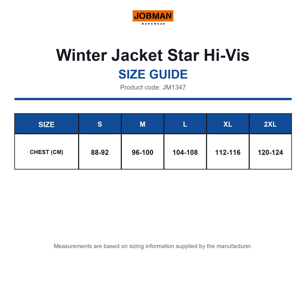 JM1347 Jobman Winter Jacket Star Hi-Vis size guide (JM1347)