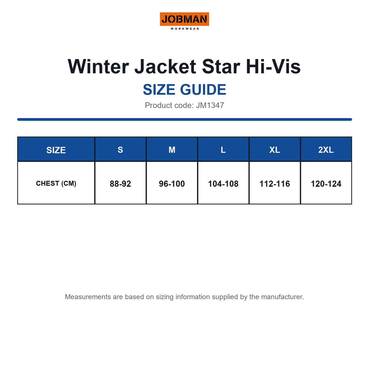 JM1347 Jobman Winter Jacket Star Hi-Vis size guide (JM1347)