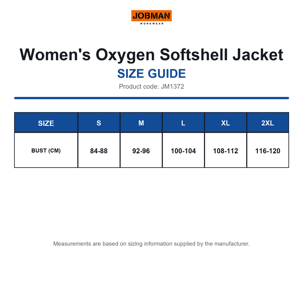 JM1372 Jobman Women's Oxygen Softshell Jacket size guide (JM1372)