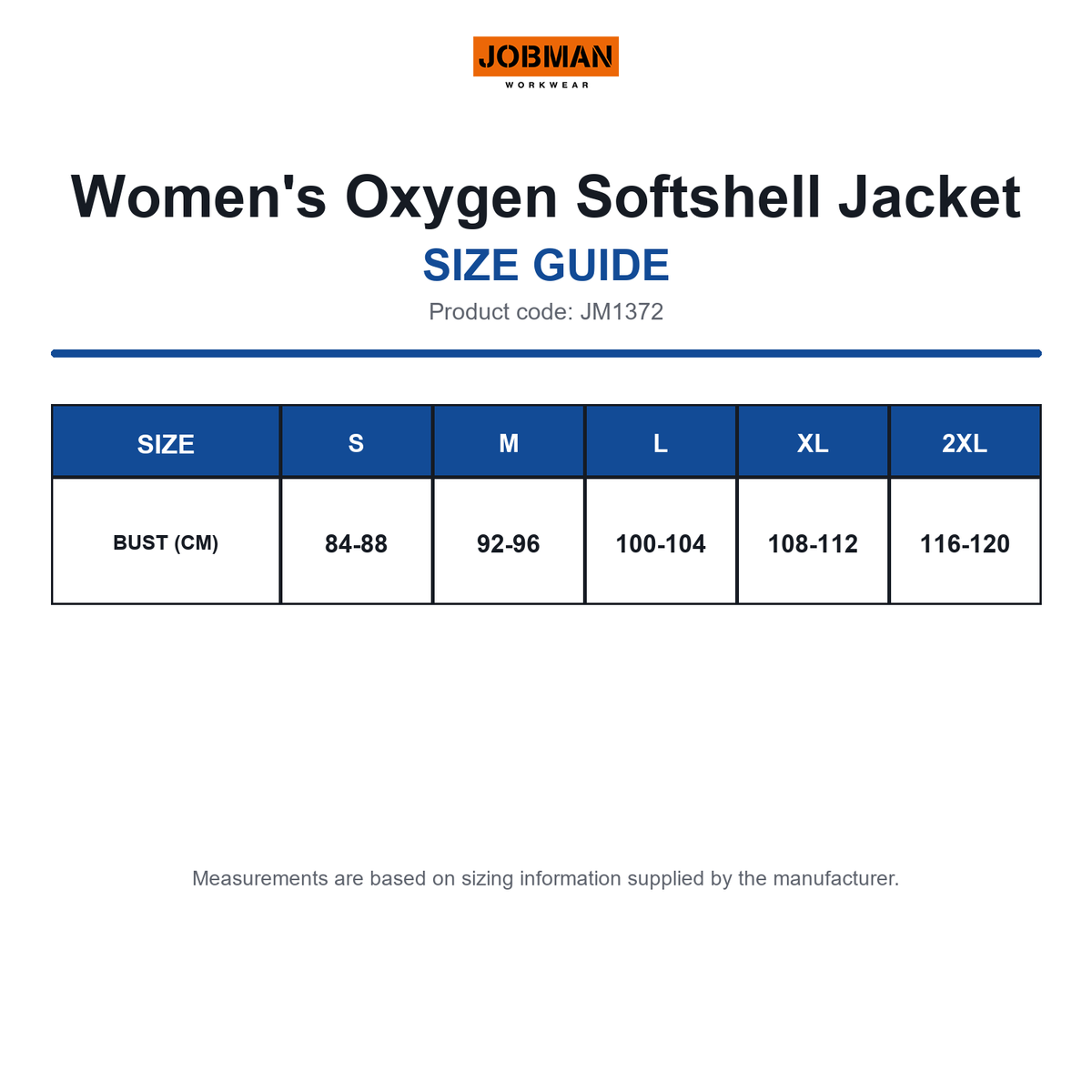 JM1372 Jobman Women's Oxygen Softshell Jacket size guide (JM1372)