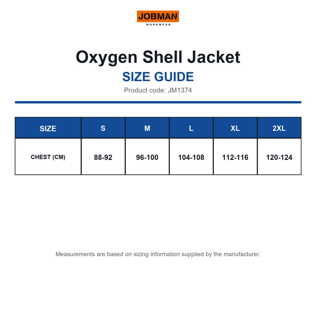 JM1374 Jobman Oxygen Shell Jacket size guide (JM1374)