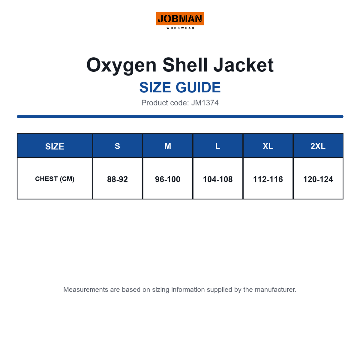 JM1374 Jobman Oxygen Shell Jacket size guide (JM1374)