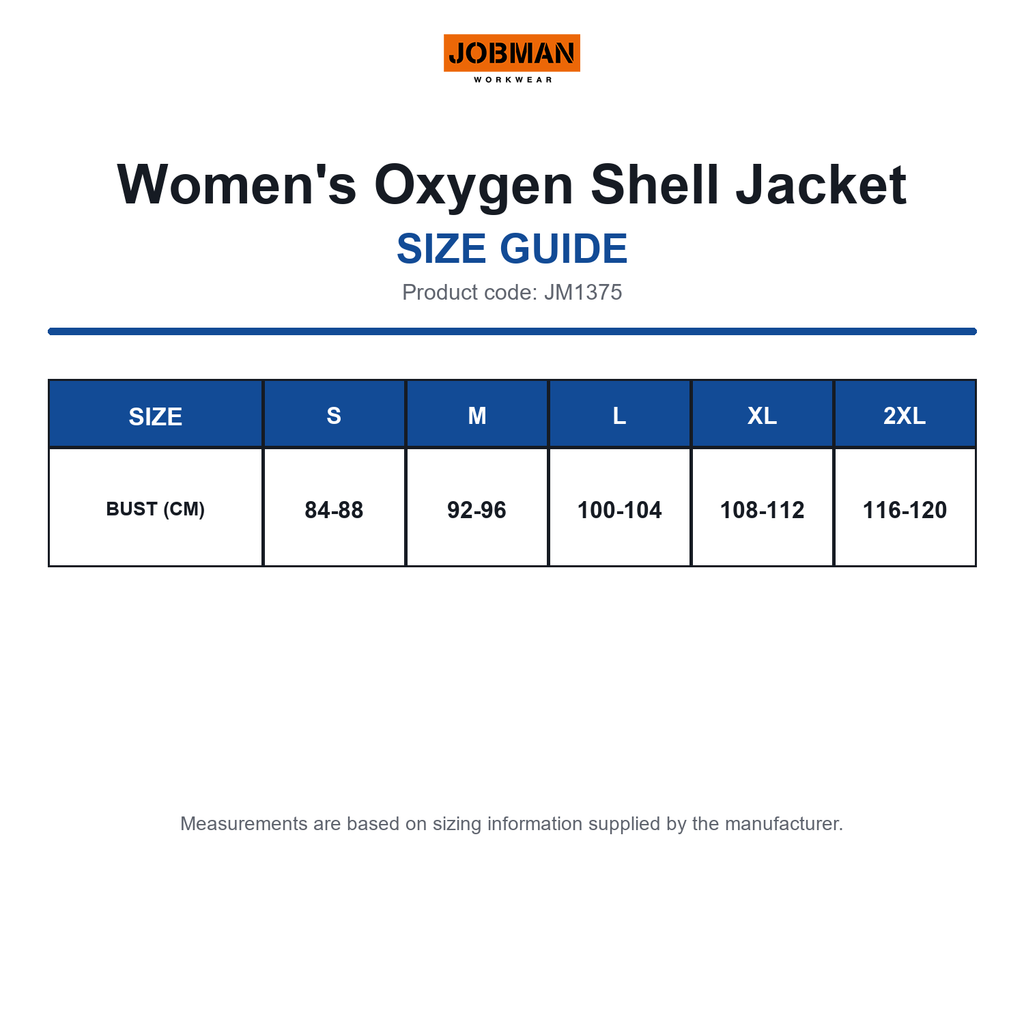 JM1375 Jobman Women's Oxygen Shell Jacket size guide (JM1375)