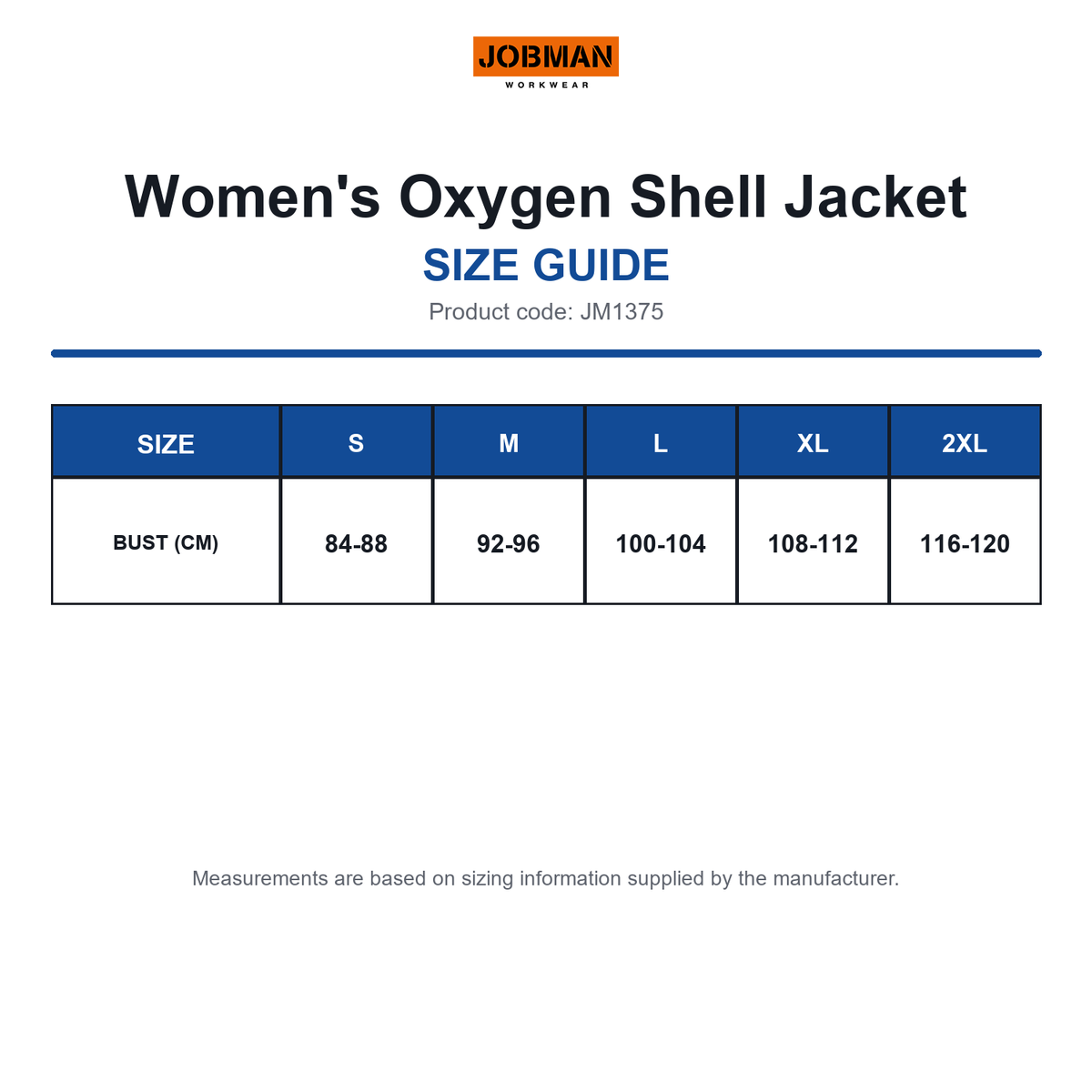 JM1375 Jobman Women's Oxygen Shell Jacket size guide (JM1375)