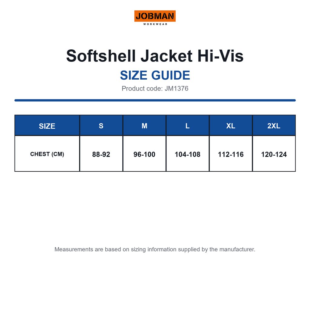 JM1376 Jobman Softshell Jacket Hi-Vis size guide (JM1376)