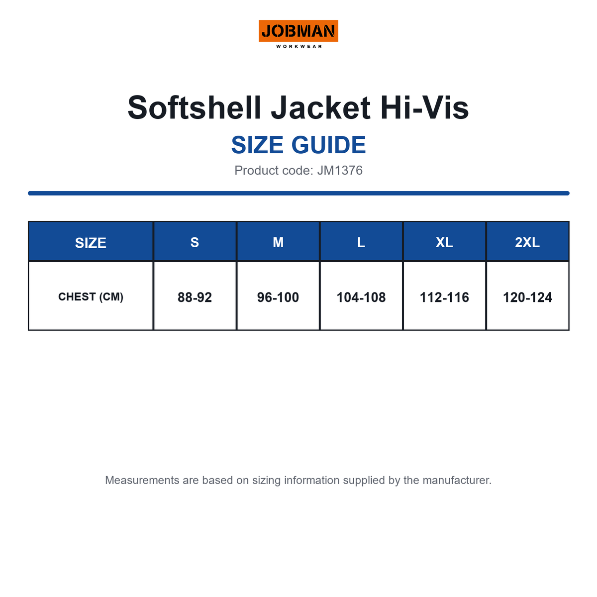 JM1376 Jobman Softshell Jacket Hi-Vis size guide (JM1376)