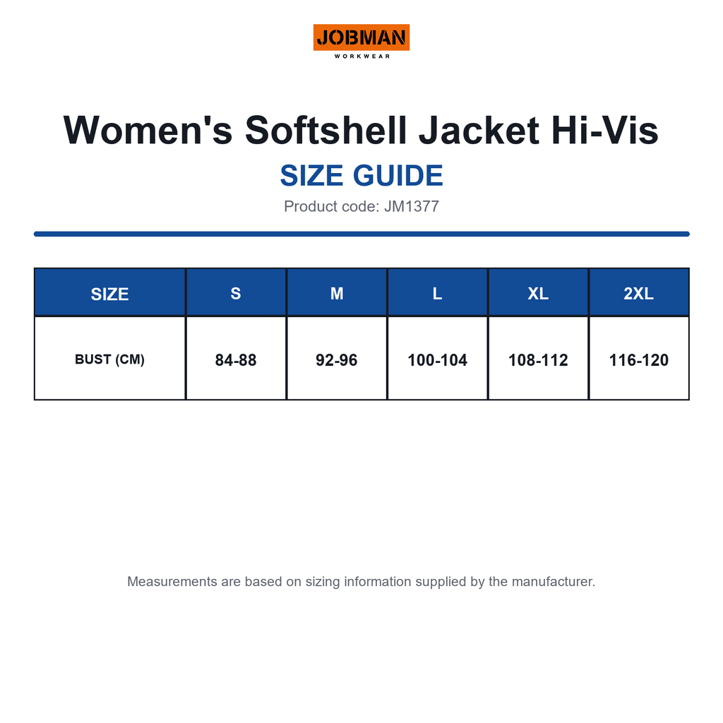 JM1377 Jobman Women's Softshell Jacket Hi-Vis size guide (JM1377)