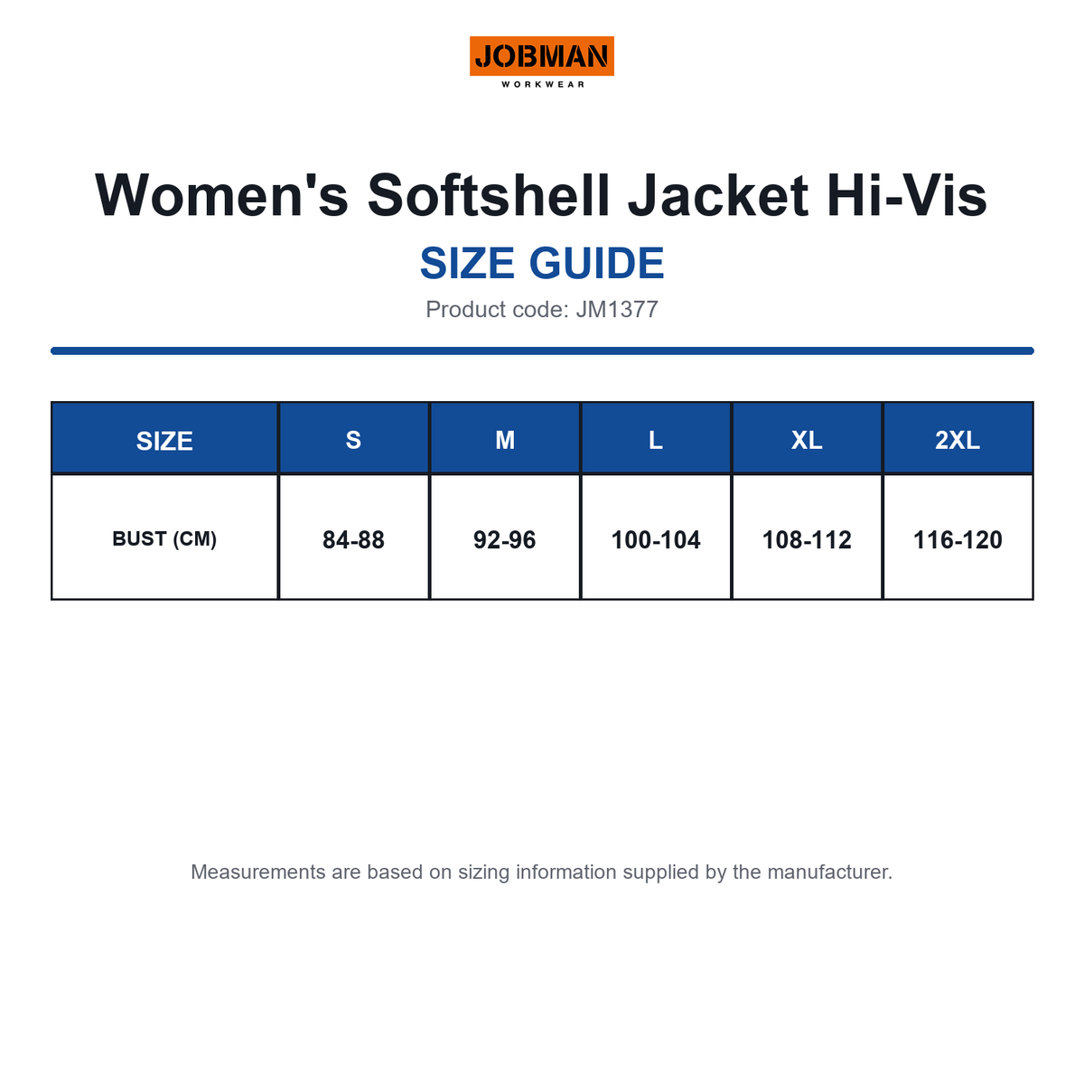 JM1377 Jobman Women's Softshell Jacket Hi-Vis size guide (JM1377)