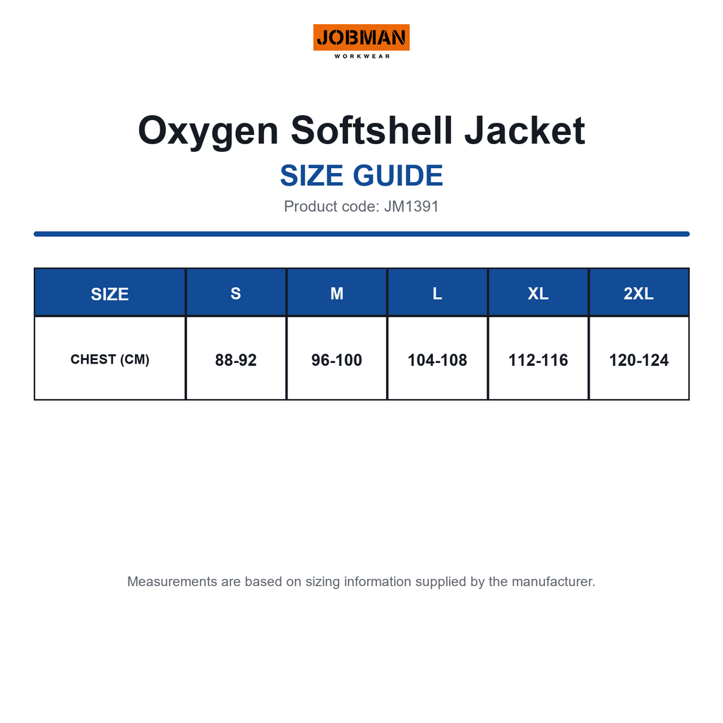 JM1391 Jobman Oxygen Softshell Jacket size guide (JM1391)