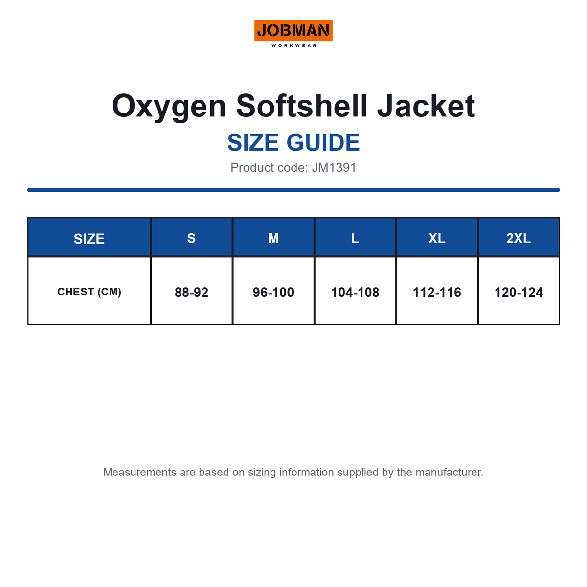 JM1391 Jobman Oxygen Softshell Jacket size guide (JM1391)