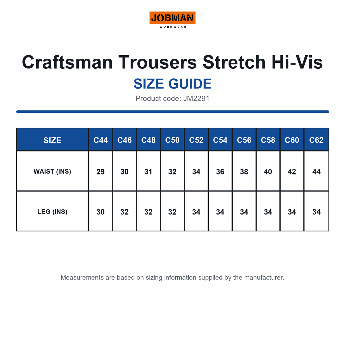 JM2291 Jobman Craftsman Trousers Stretch Hi-Vis size guide (JM2291)