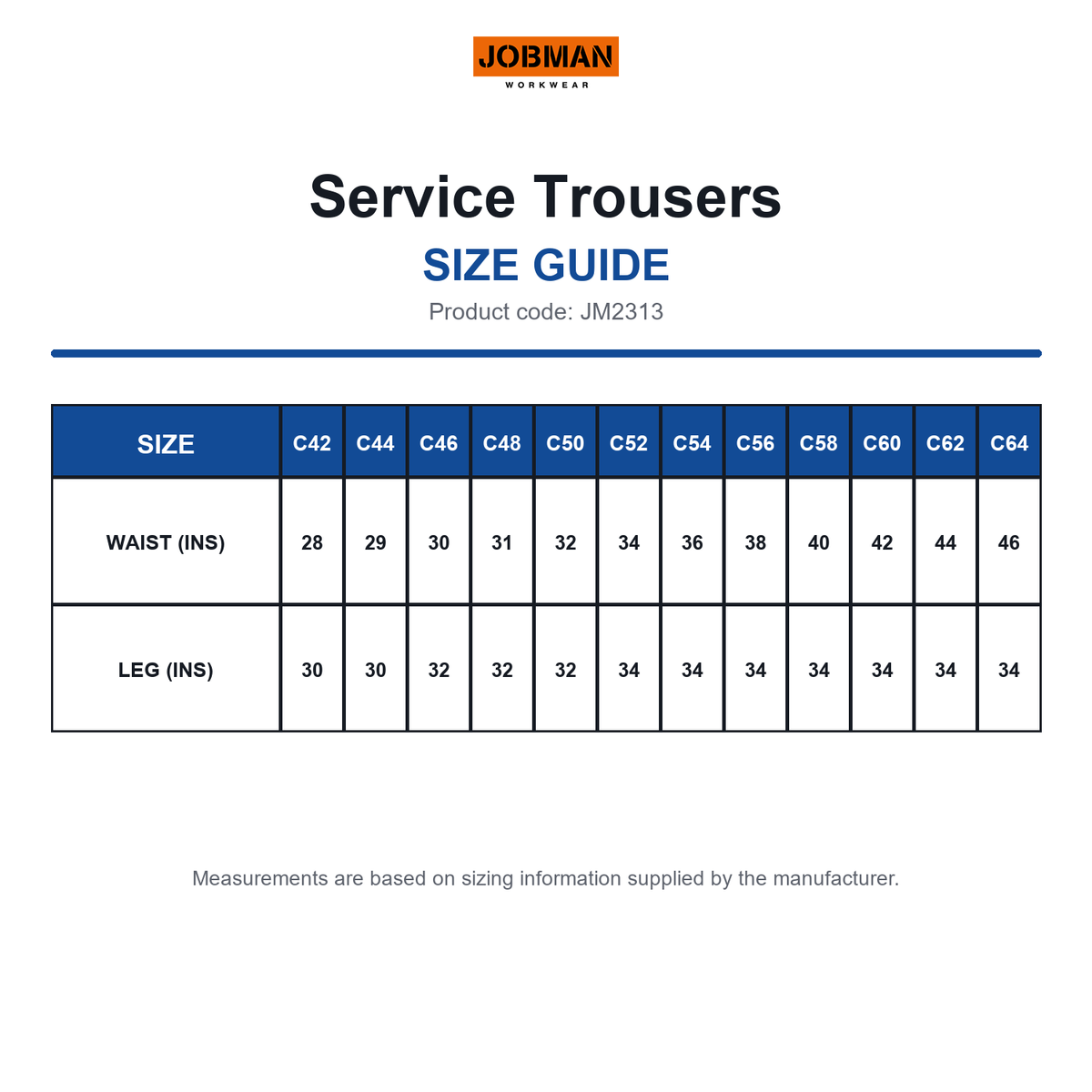 JM2313 Jobman Service Trousers size guide (JM2313)