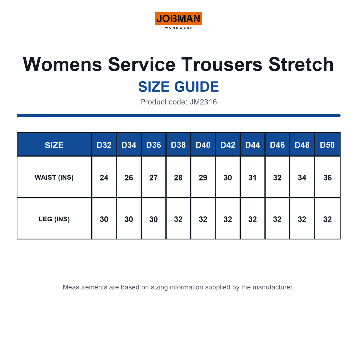 JM2316 Jobman Womens Service Trousers Stretch size guide (JM2316)