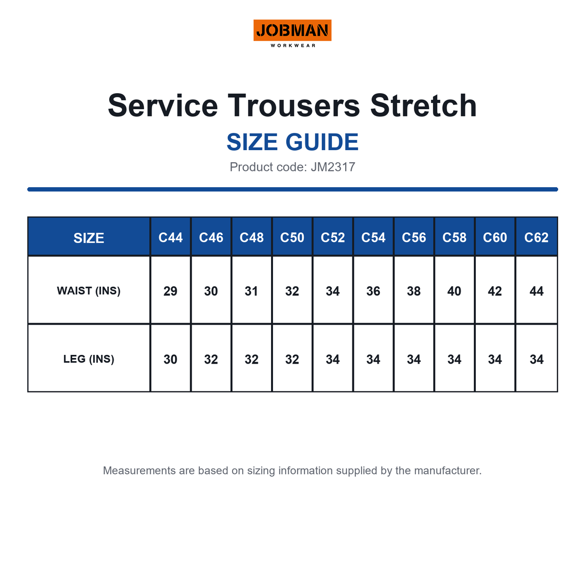 JM2317 Jobman Service Trousers Stretch size guide (JM2317)