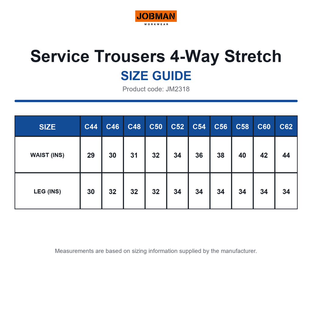 JM2318 Jobman Service Trousers 4-Way Stretch size guide (JM2318)