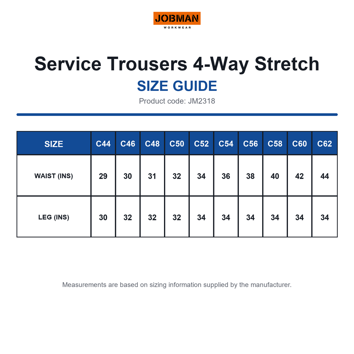JM2318 Jobman Service Trousers 4-Way Stretch size guide (JM2318)