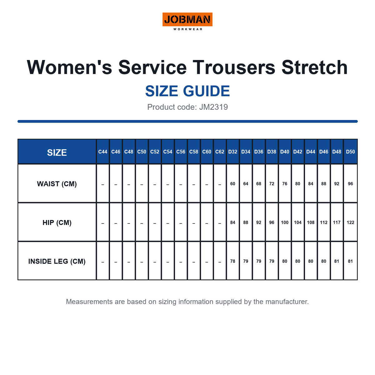 JM2319 Jobman Women's Service Trousers Stretch size guide (JM2319)
