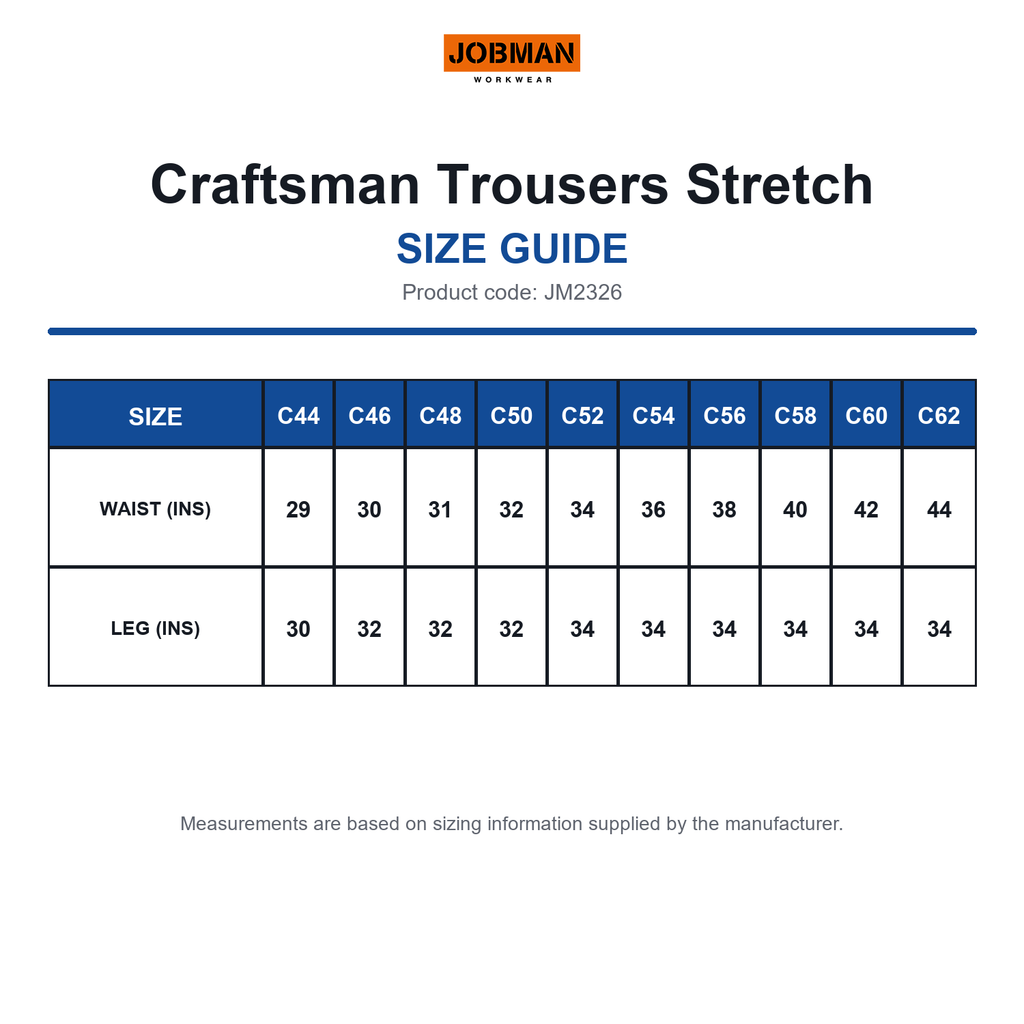 JM2326 Jobman Craftsman Trousers Stretch size guide (JM2326)