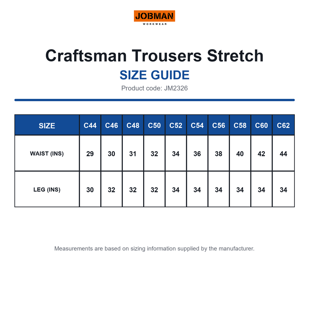 JM2326 Jobman Craftsman Trousers Stretch size guide (JM2326)
