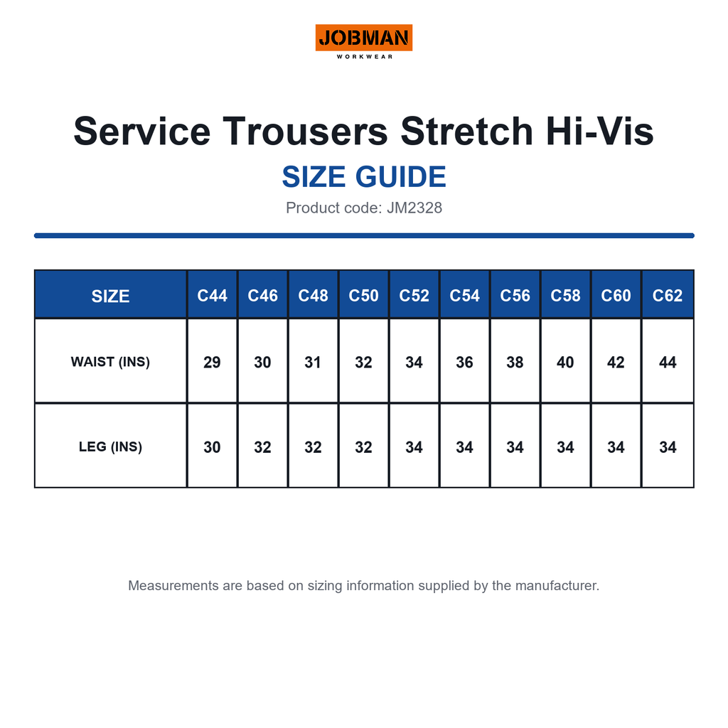 JM2328 Jobman Service Trousers Stretch Hi-Vis size guide (JM2328)