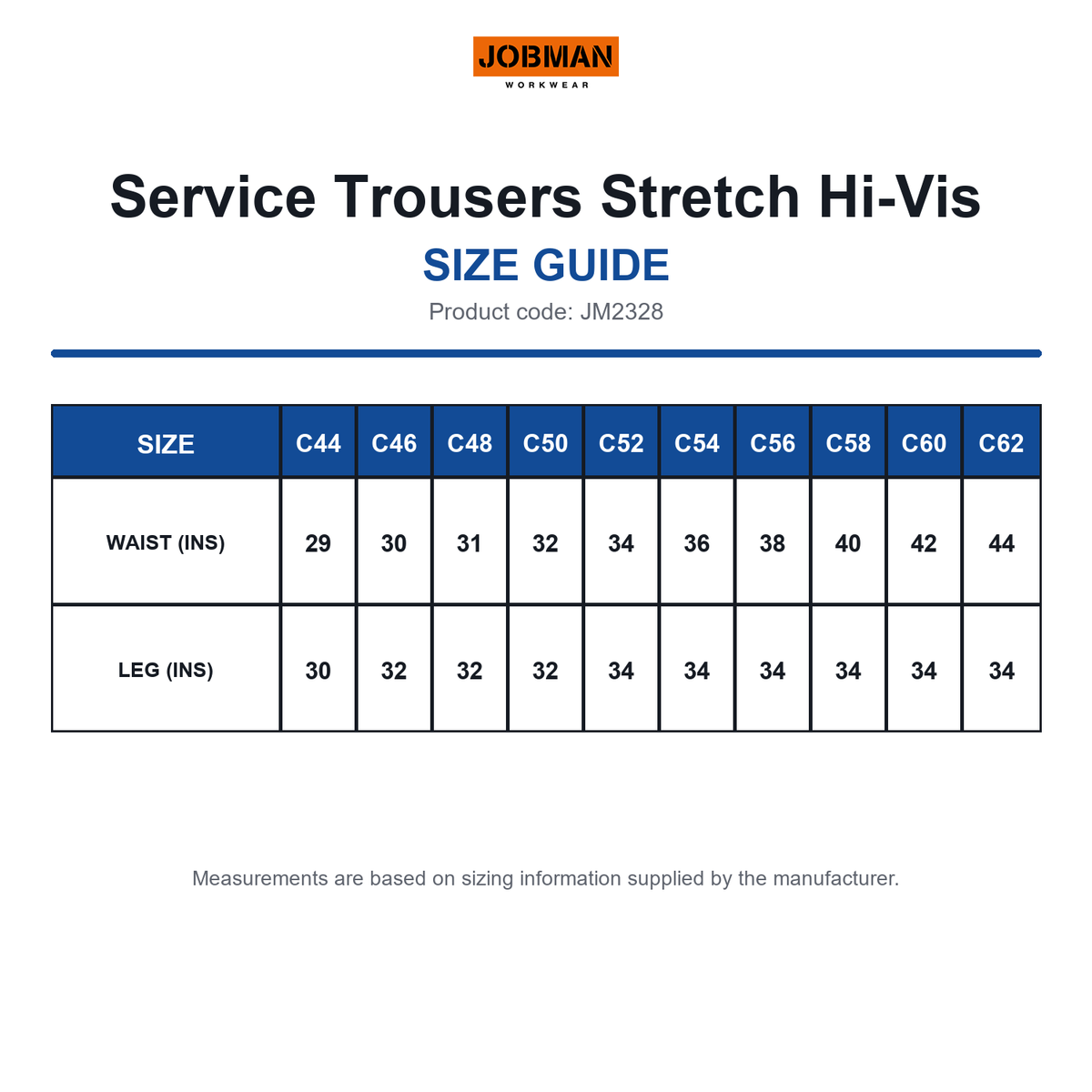 JM2328 Jobman Service Trousers Stretch Hi-Vis size guide (JM2328)