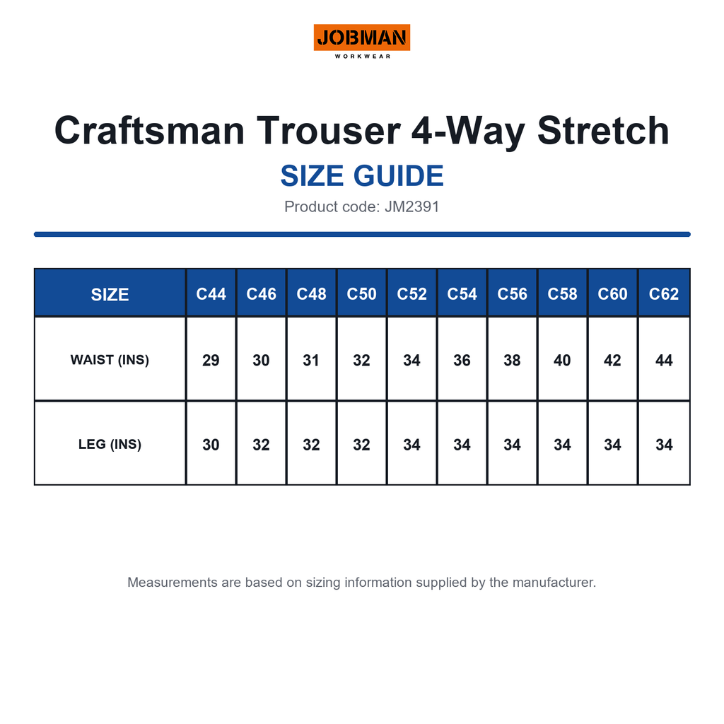 JM2391 Jobman Craftsman Trouser 4-Way Stretch size guide (JM2391)