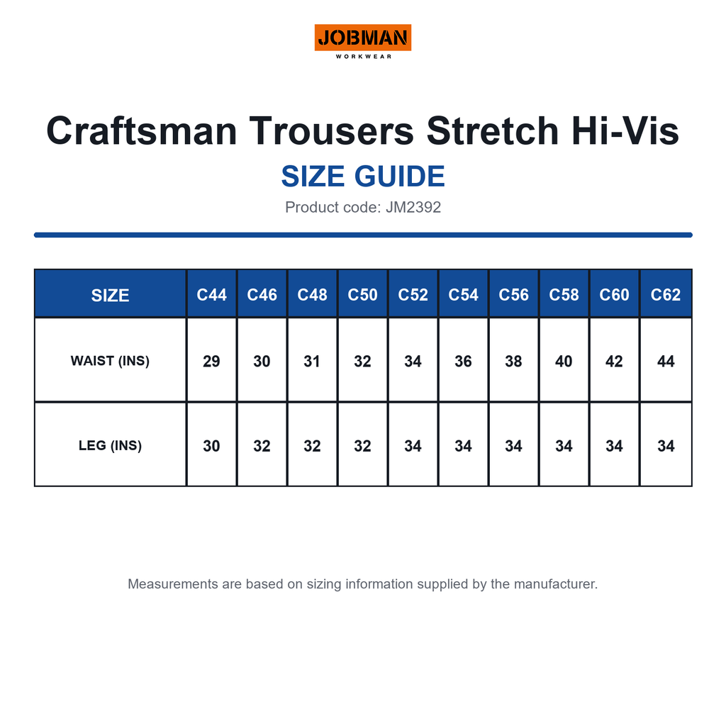 JM2392 Jobman Craftsman Trousers Stretch Hi-Vis size guide (JM2392)