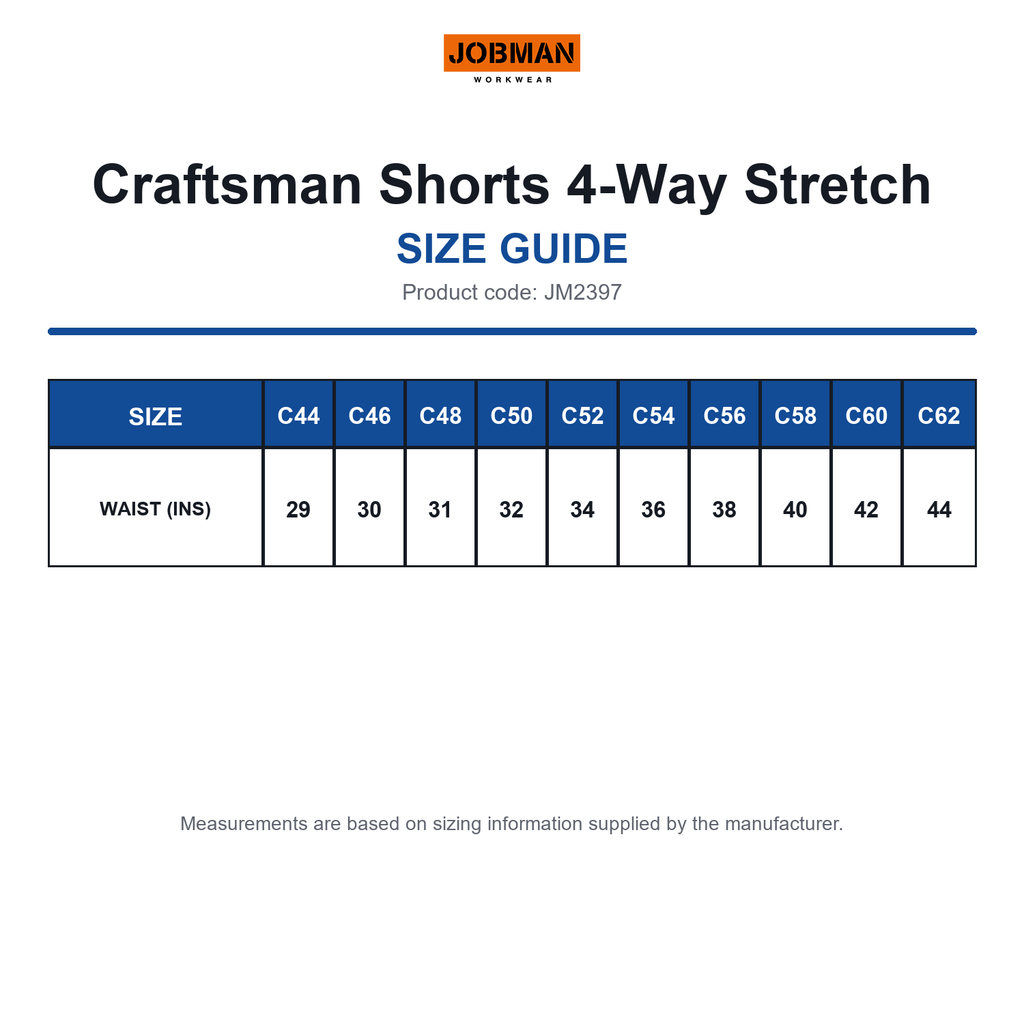 JM2397 Jobman Craftsman Shorts 4-Way Stretch size guide (JM2397)