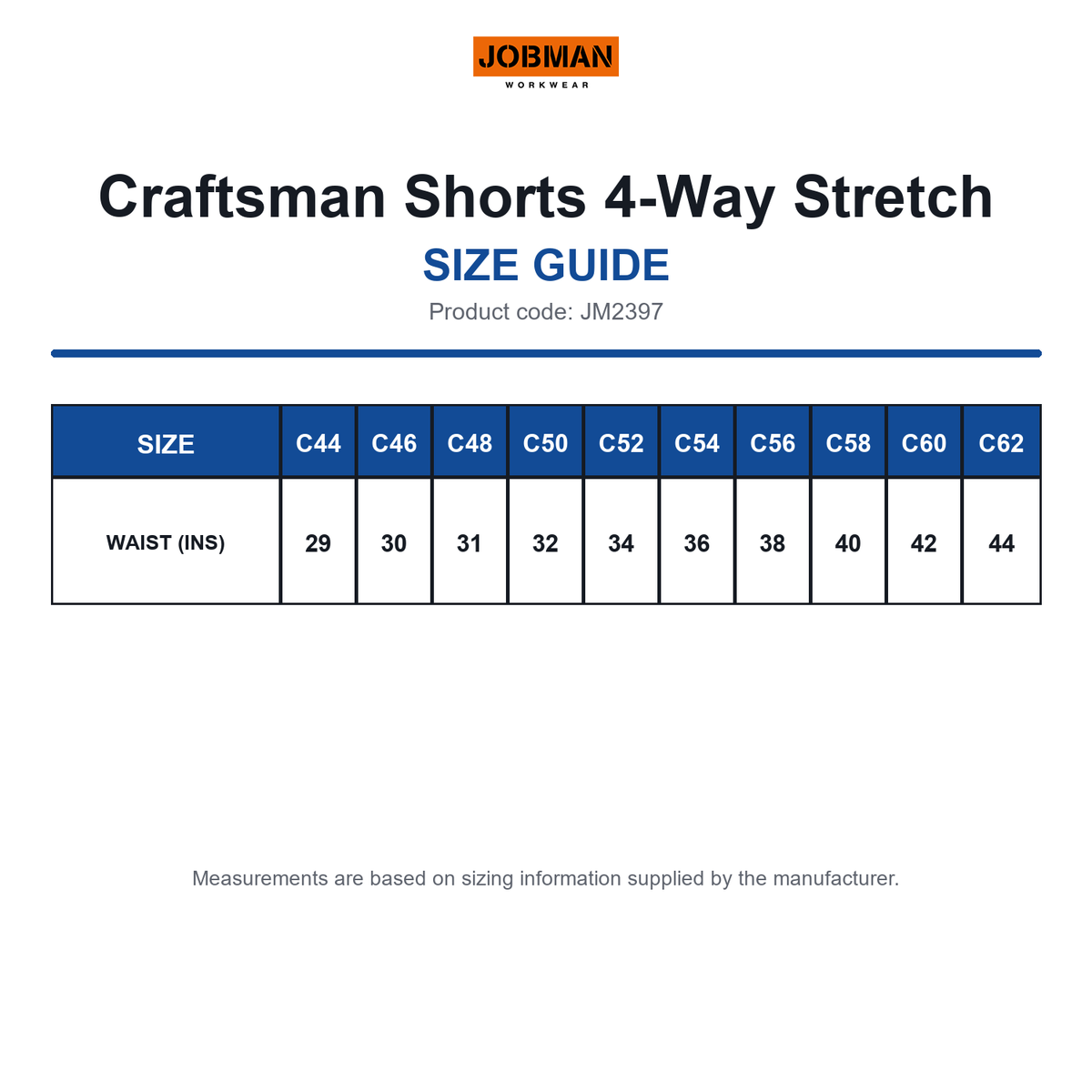 JM2397 Jobman Craftsman Shorts 4-Way Stretch size guide (JM2397)