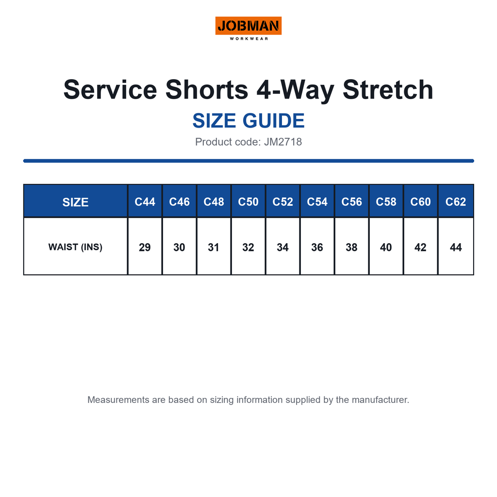JM2718 Jobman Service Shorts 4-Way Stretch size guide (JM2718)