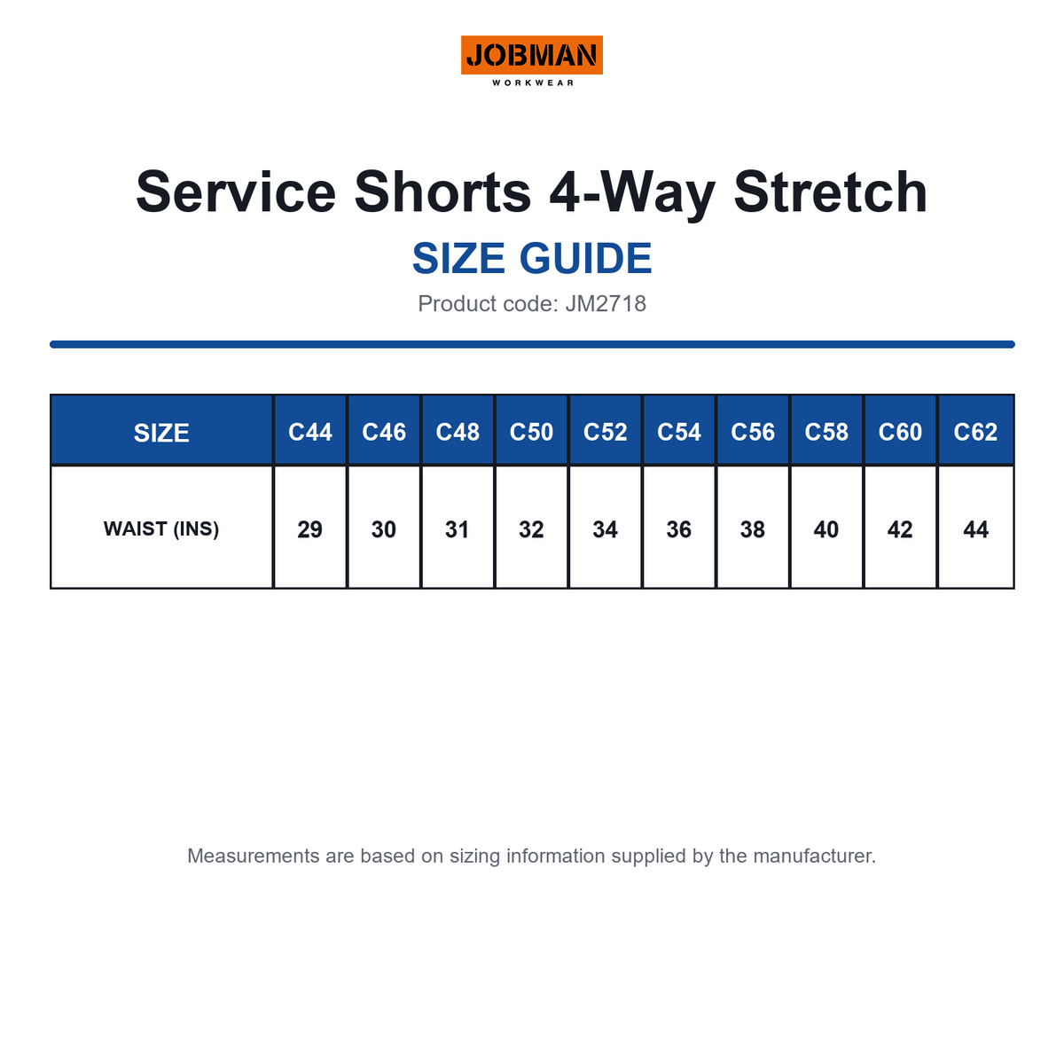 JM2718 Jobman Service Shorts 4-Way Stretch size guide (JM2718)