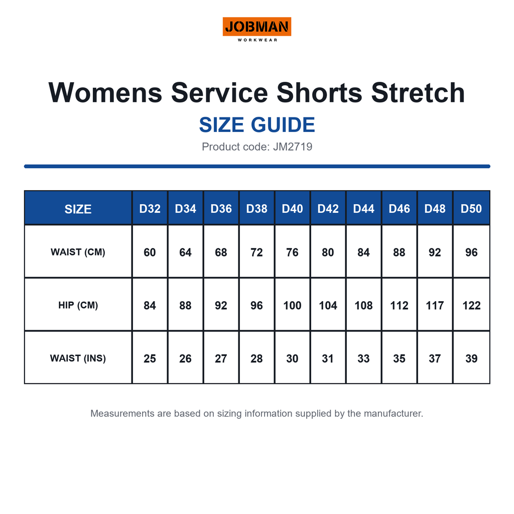 JM2719 Jobman Womens Service Shorts Stretch size guide (JM2719)