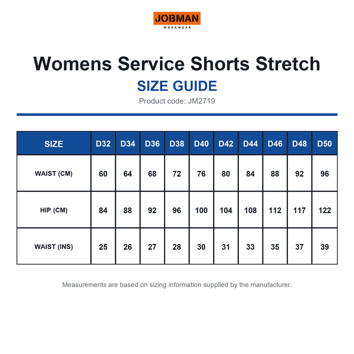 JM2719 Jobman Womens Service Shorts Stretch size guide (JM2719)