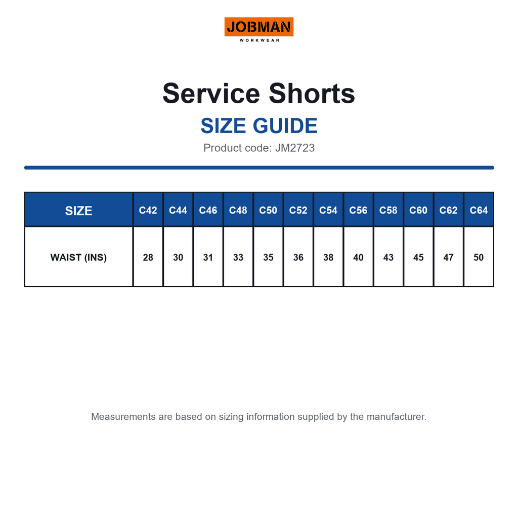 JM2723 Jobman Service Shorts size guide (JM2723)